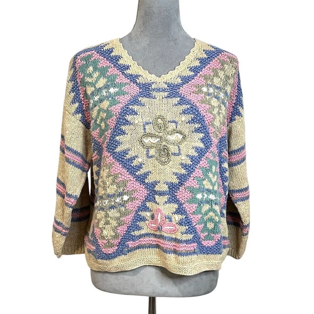 Sigrid Olsen Women's Hand-Knit Geometric Pullover Sweater S Multicolor Boxy Fall